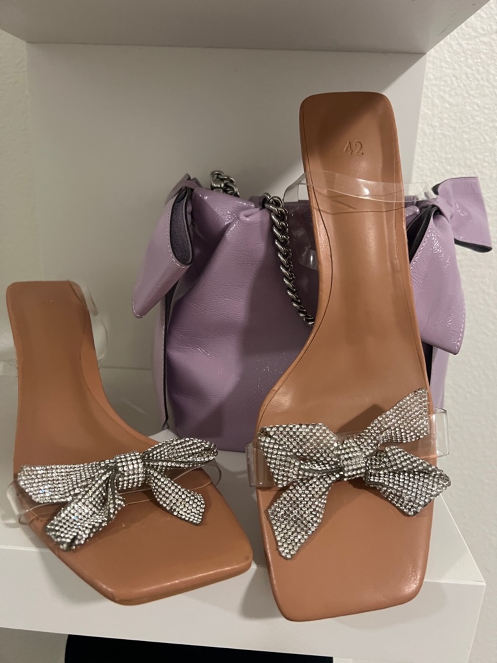 Women’s Clear Strap Bow Sandals in Tan with Rhinestones